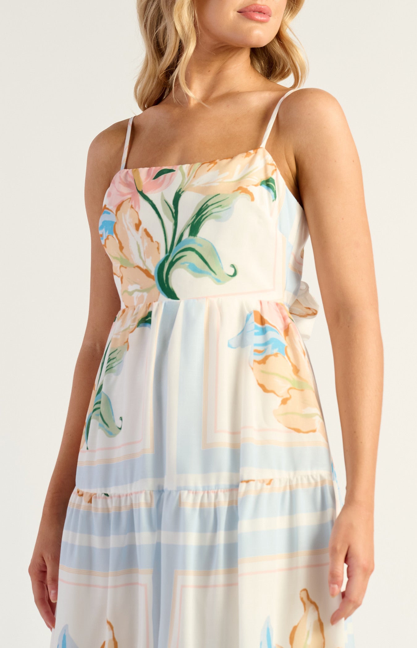 Jayde Floral Tiered Tie Back Detail Midi Dress - Blue