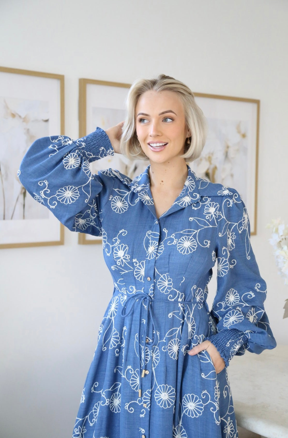 Blair Button Up Maxi Dress - Blue Embroidered