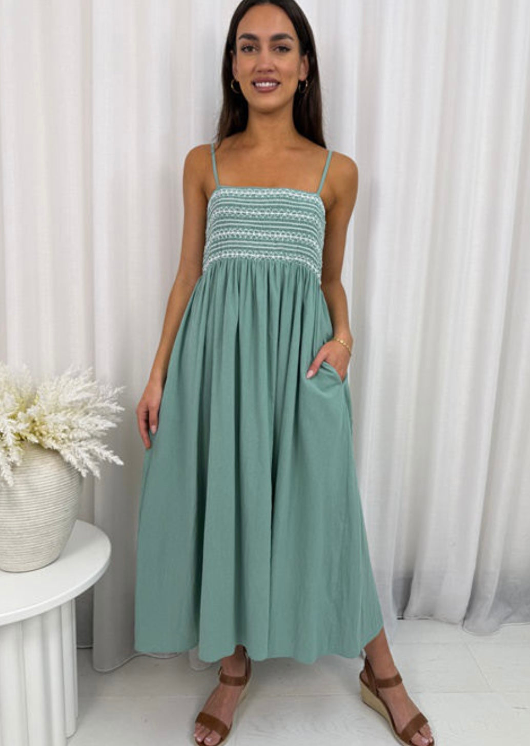 Penny Sleeveless Shirred Bust Midi Dress - Green