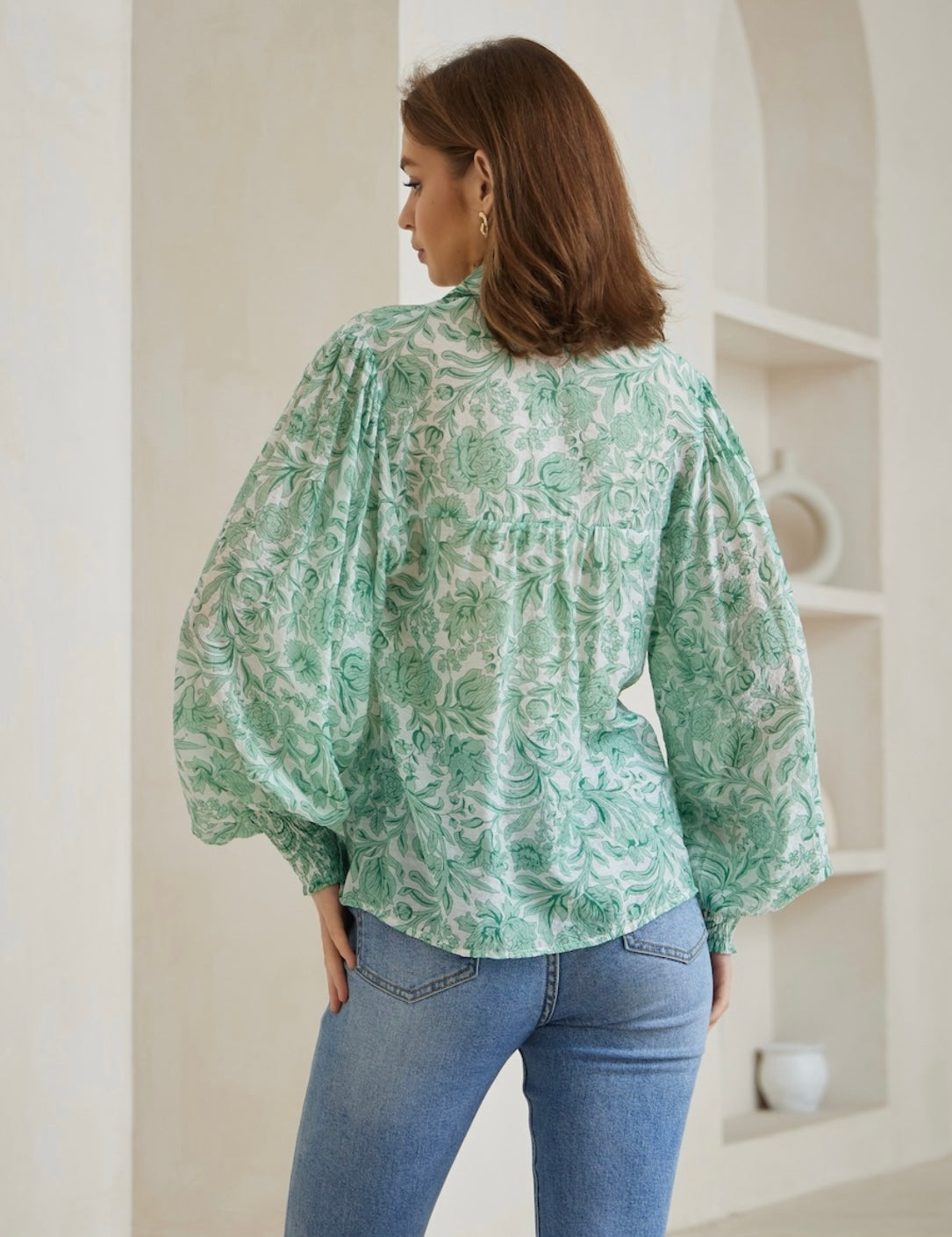 Susan Button Up Long Sleeve Shirt - Green Floral