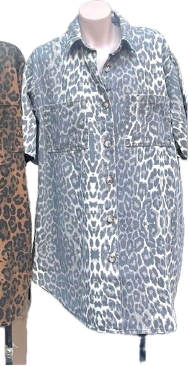 Cass Button Up Denim Shirt Dress - Light Leopard | By Frankie