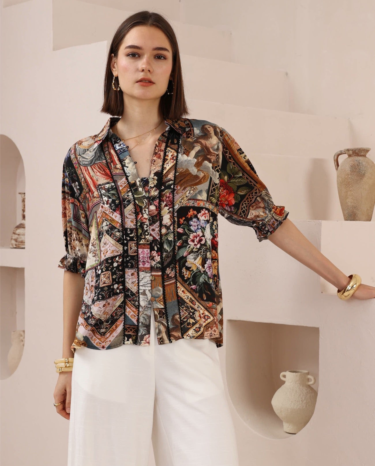 Rosalie Button Up Short Sleeve Shirt - Vintage Angel Black
