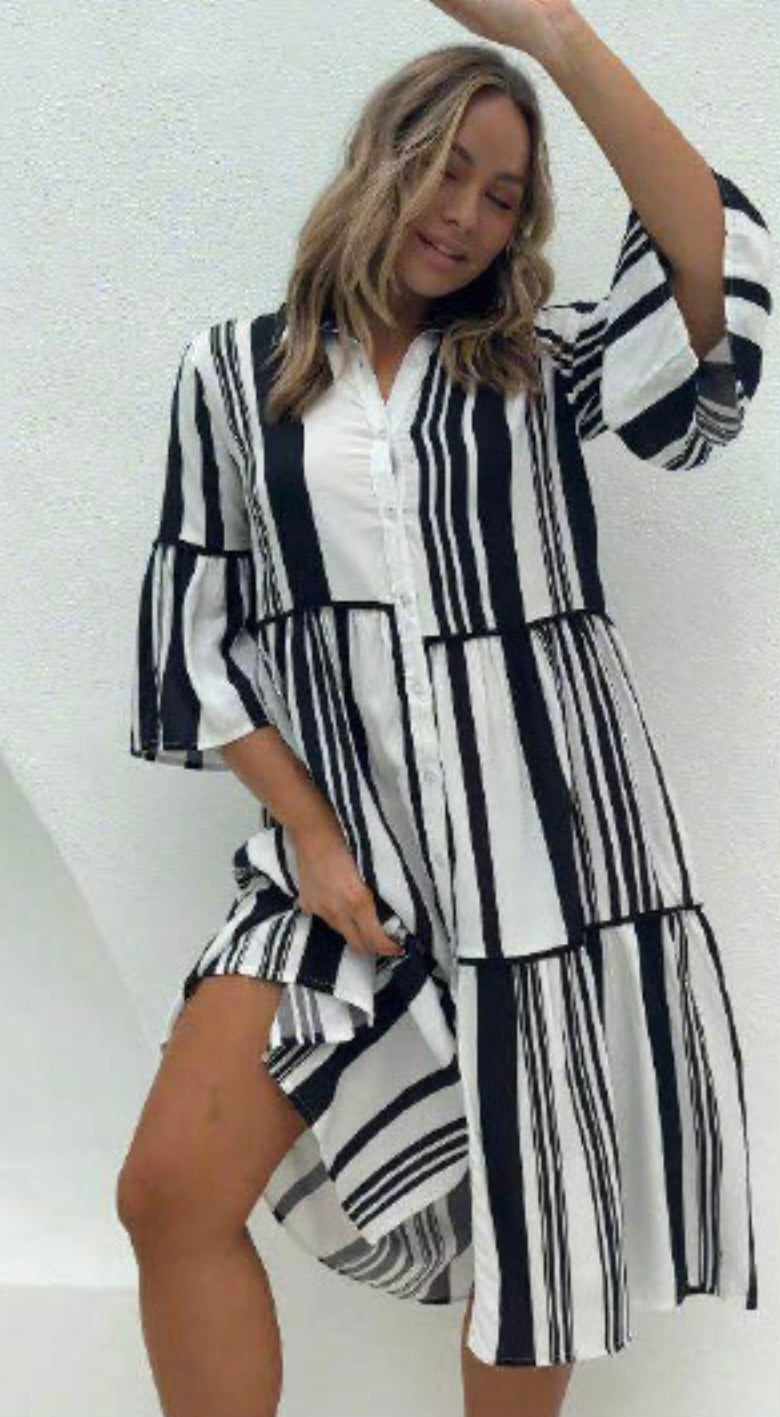Alisha Button Up Midi Dress - Black White Stripe | Joop & Gypsy