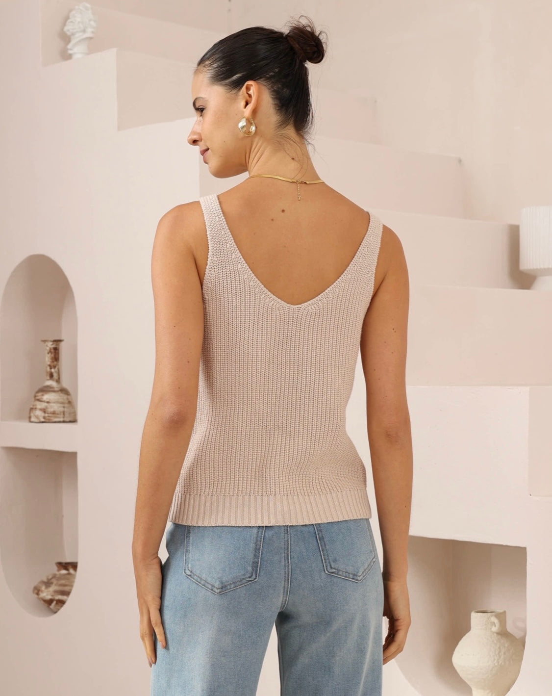 Cami V-Neck Knit Sleeveless Top - Beige