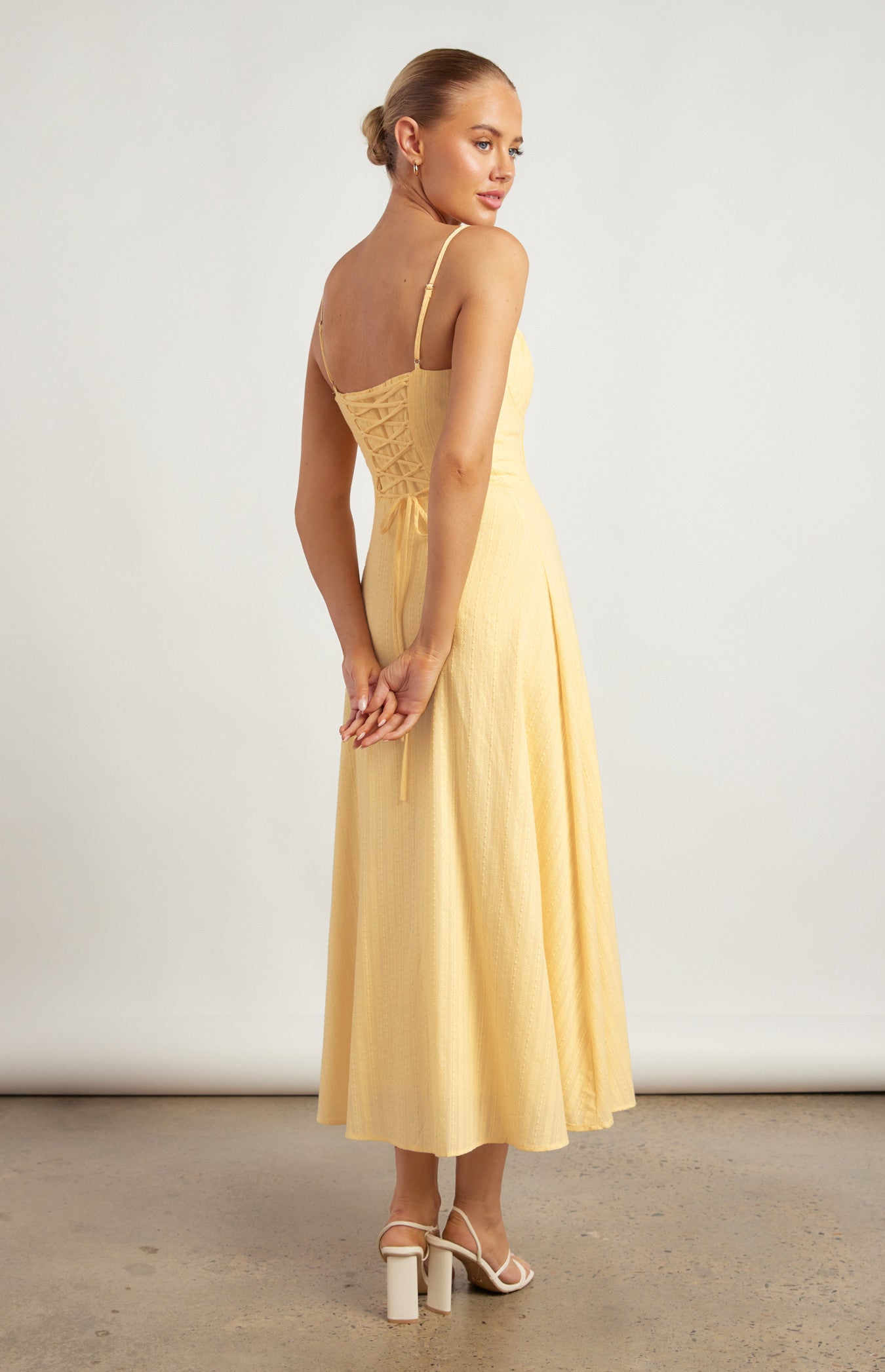 Khaya Lace Up Back Detail Embroidered Cotton Maxi Dress - Lemon