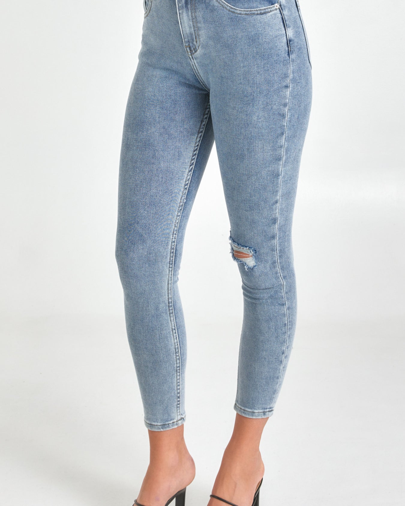 Kyle High Waisted Skinny Jeans with Knee Rip - Blue