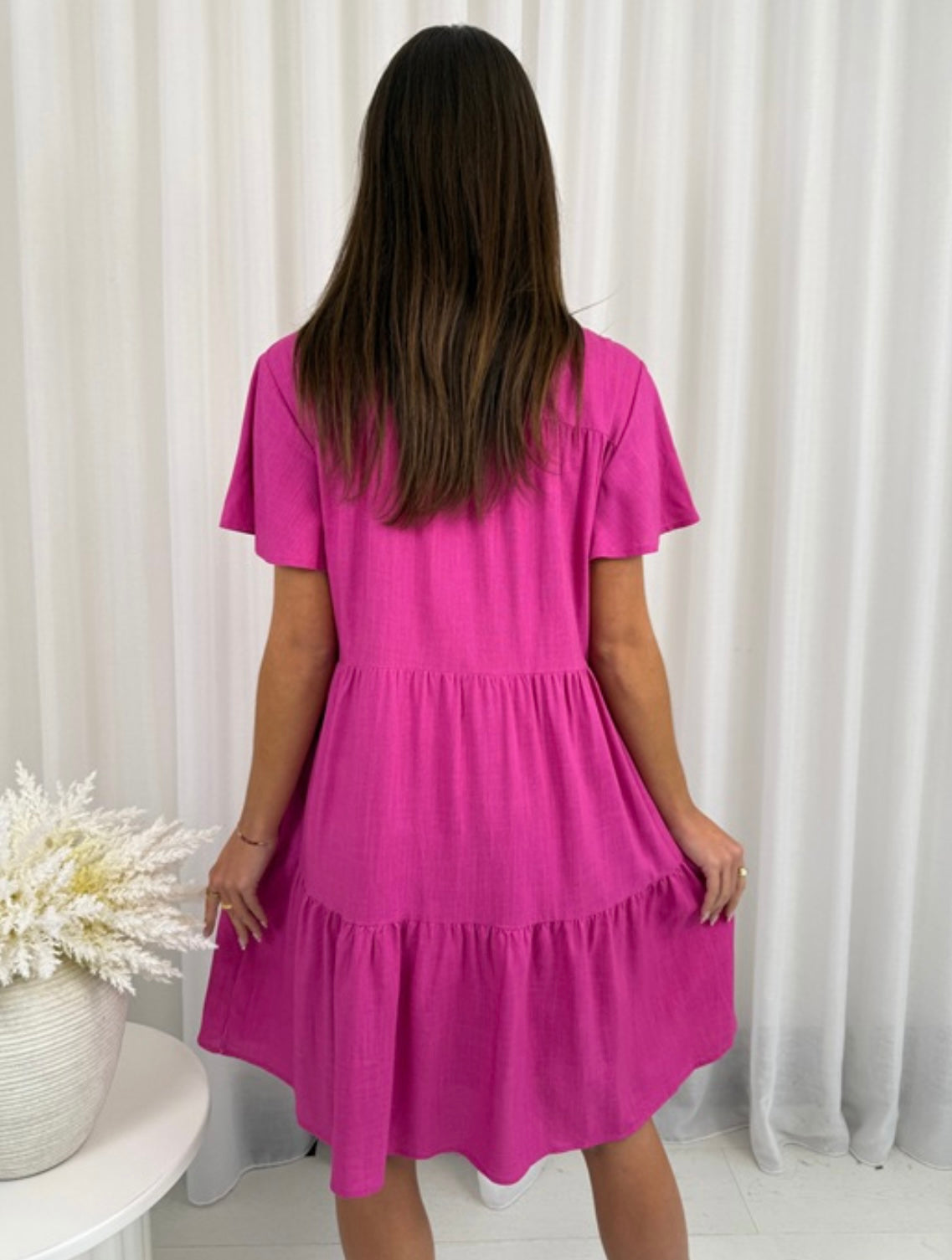 Amber Button Up Mini Linen Dress - Pink