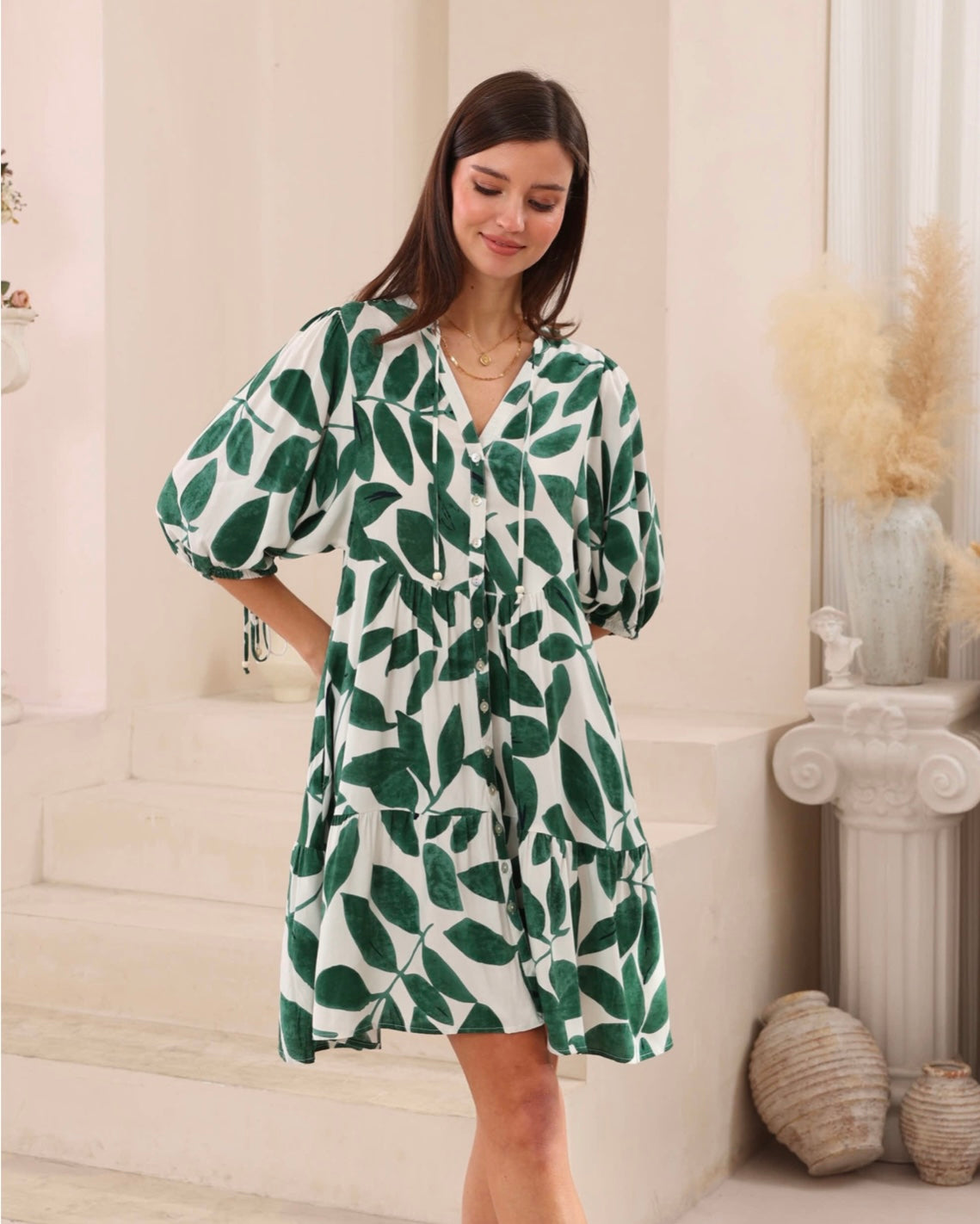 Poppy Short Sleeve Button Up Mini Dress - Green White Leaf