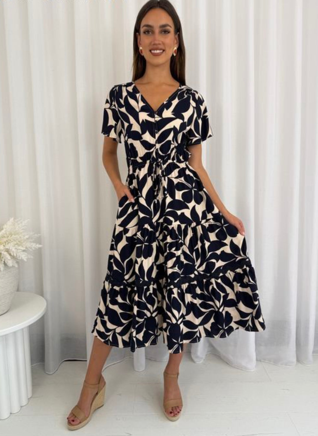 Karissa Button Up Bust Midi Dress - Navy Beige