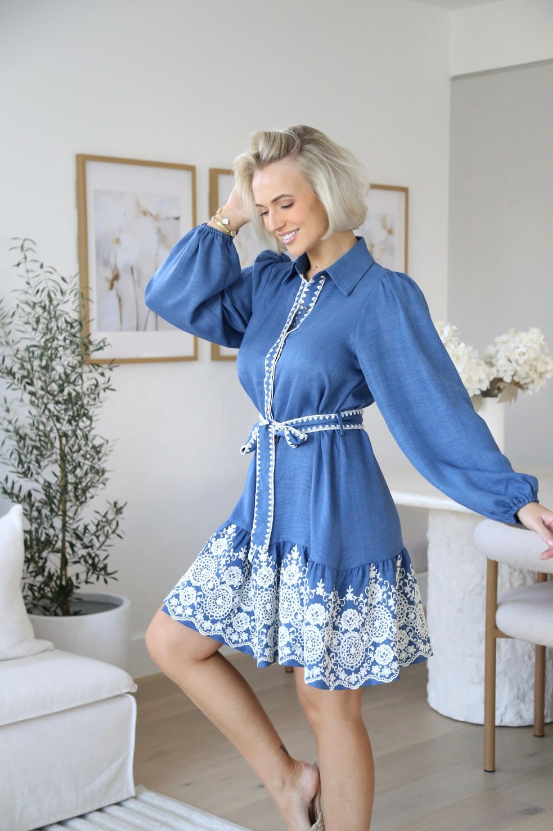Kylie Long Sleeve Button Up Mini Dress - Blue Embroidered