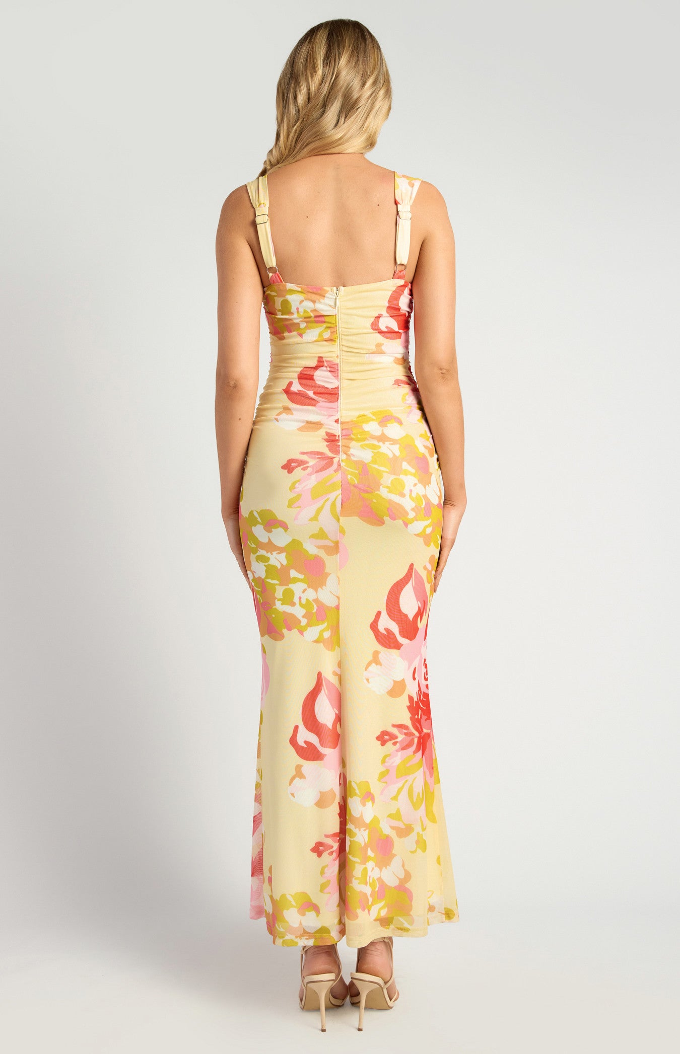 Sadie Floral Print Ruched Bodice Detail Mesh Dress - Red Lemon