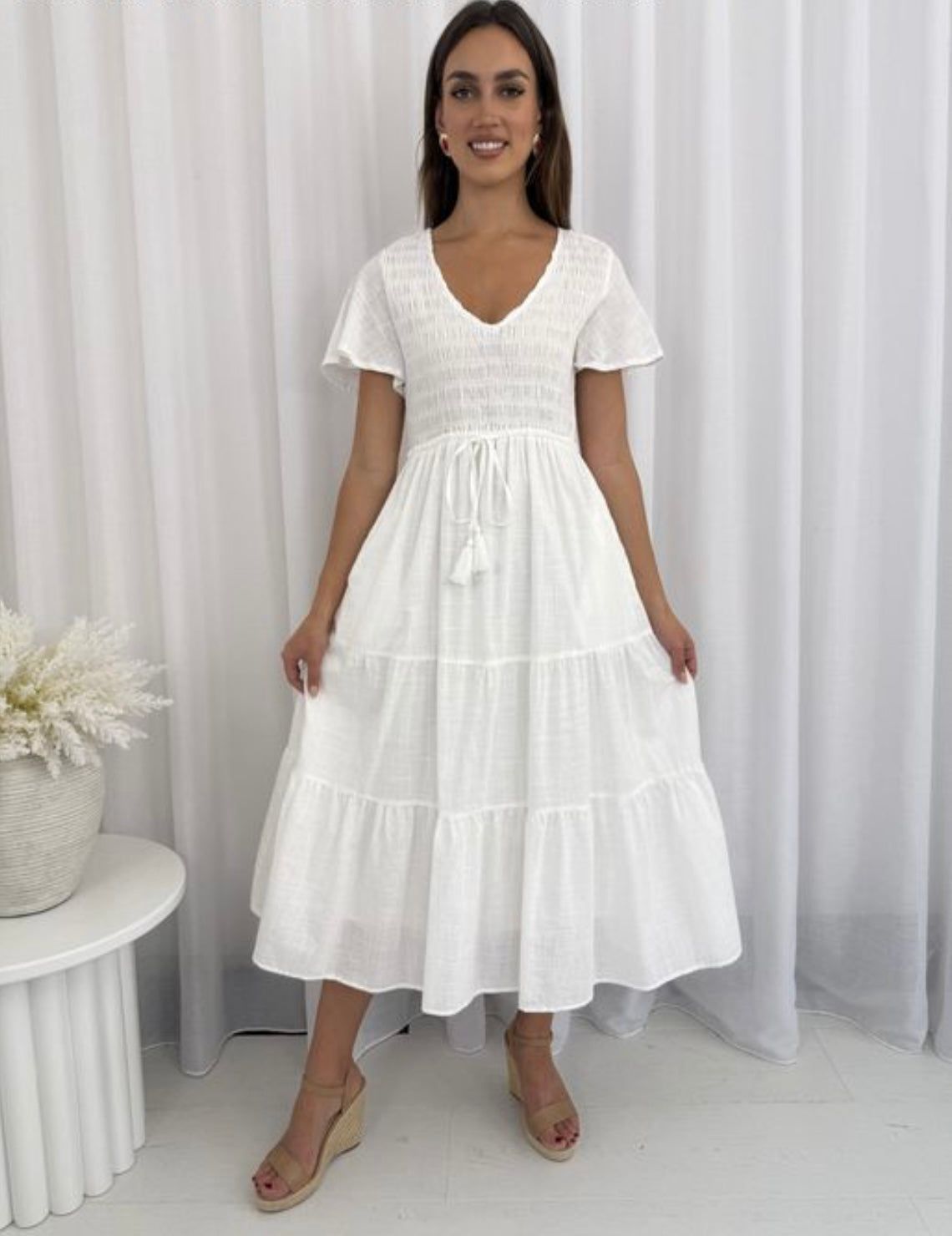 Amy V-Neck Shirred Bust Linen Midi Dress - White