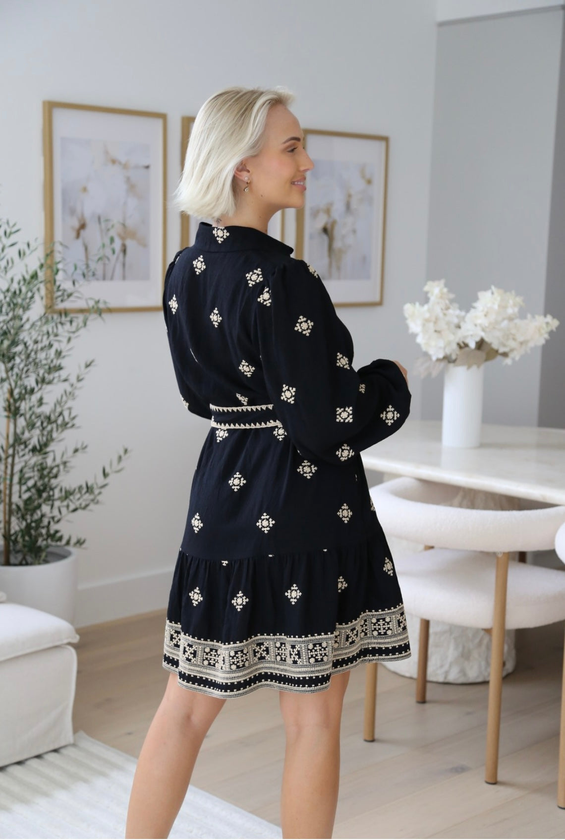 Kylie Long Sleeve Button Up Mini Dress - Black Embroidered