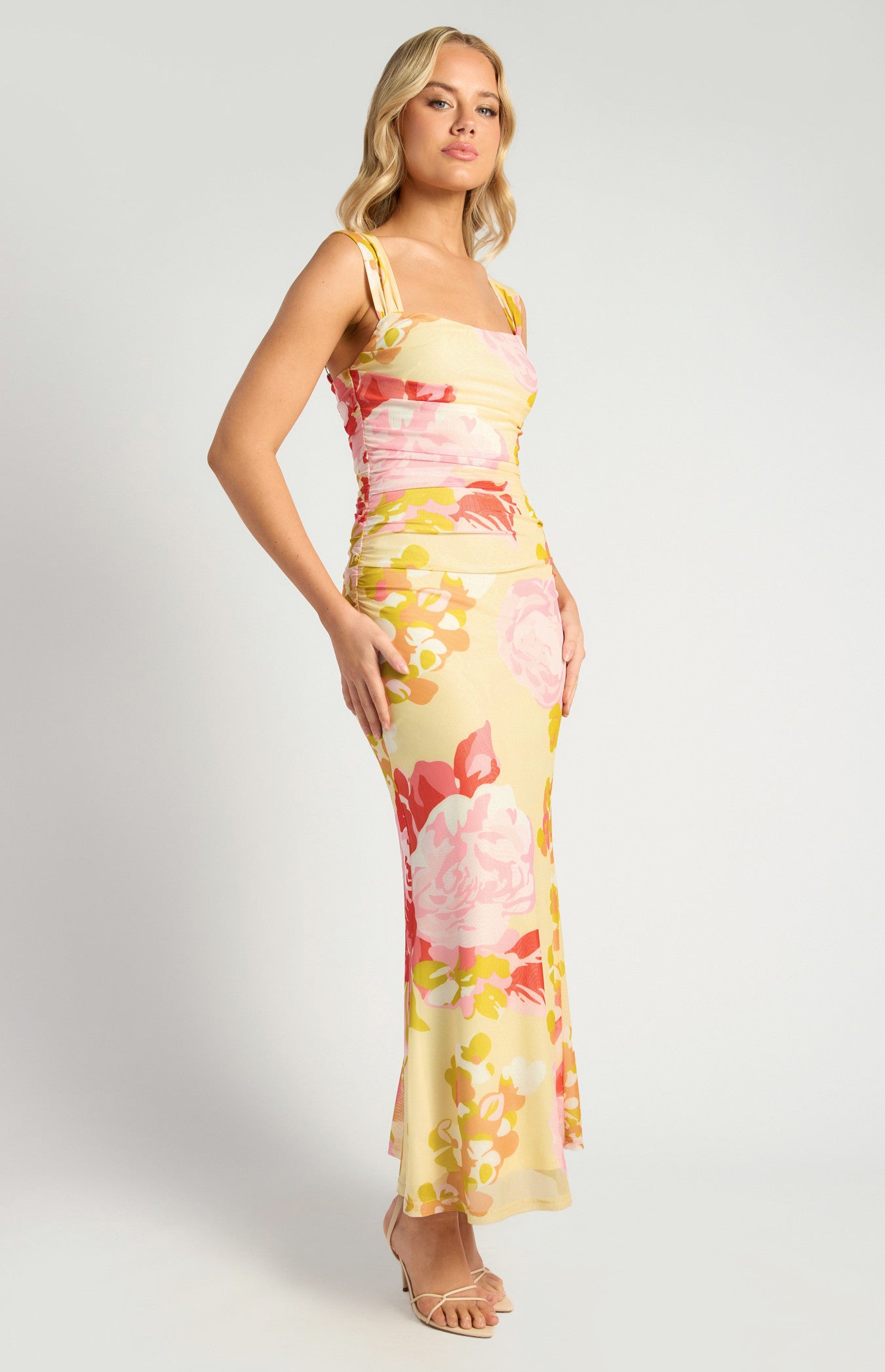 Sadie Floral Print Ruched Bodice Detail Mesh Dress - Red Lemon