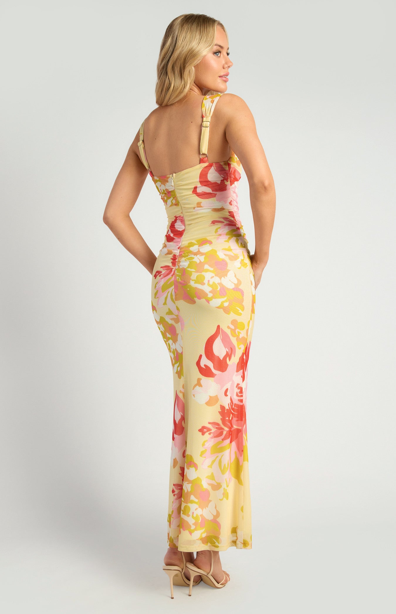 Sadie Floral Print Ruched Bodice Detail Mesh Dress - Red Lemon