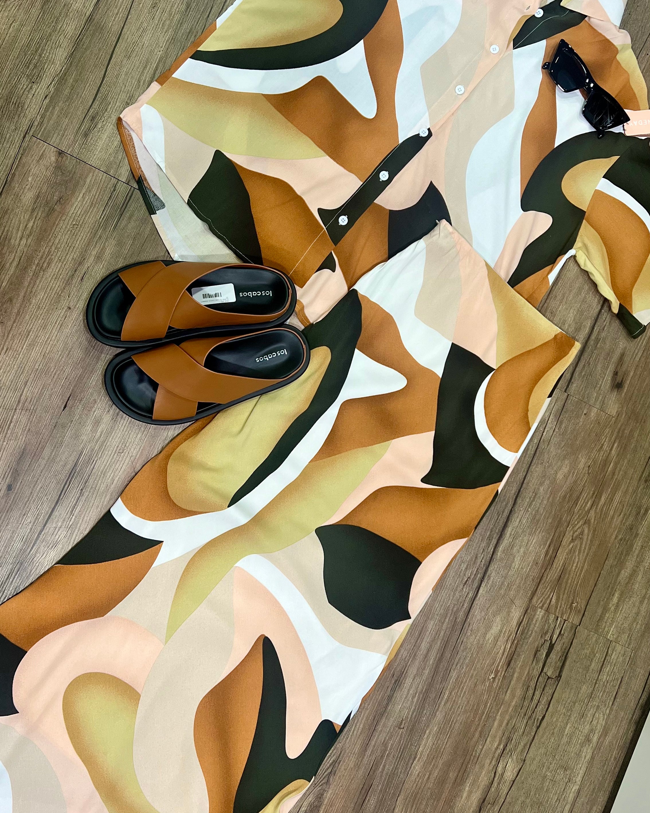 Renee By Frankie Shirt & Maxi Skirt Set - Brown Abstract