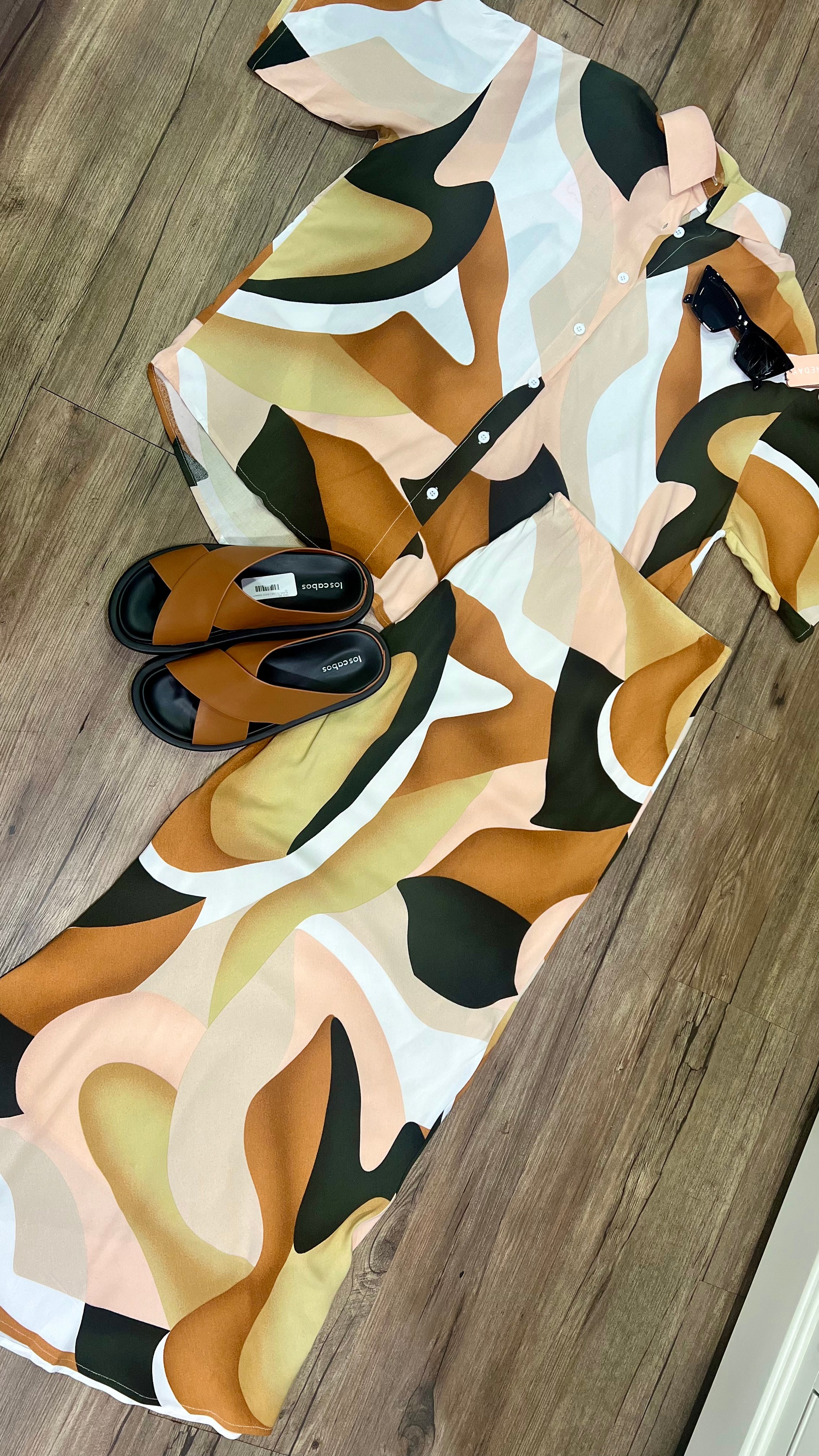 Renee By Frankie Shirt & Maxi Skirt Set - Brown Abstract