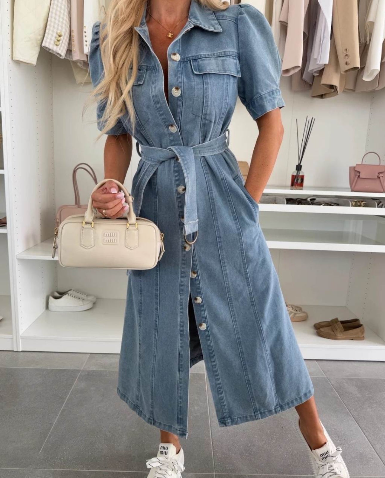 Maci Collared Button Up Midi Denim Dress - Blue