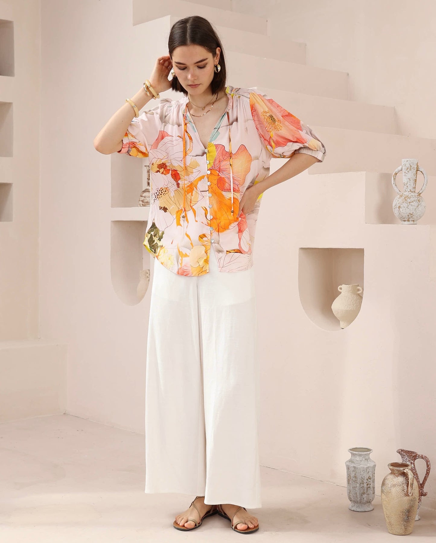 Emma Button Up Short Sleeve Shirt Top - Orange Floral
