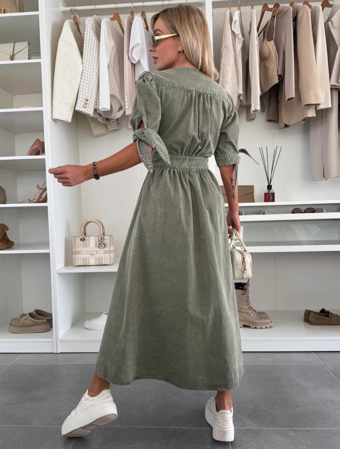 Alley V-Neck Button Front Midi Denim Dress - Sage
