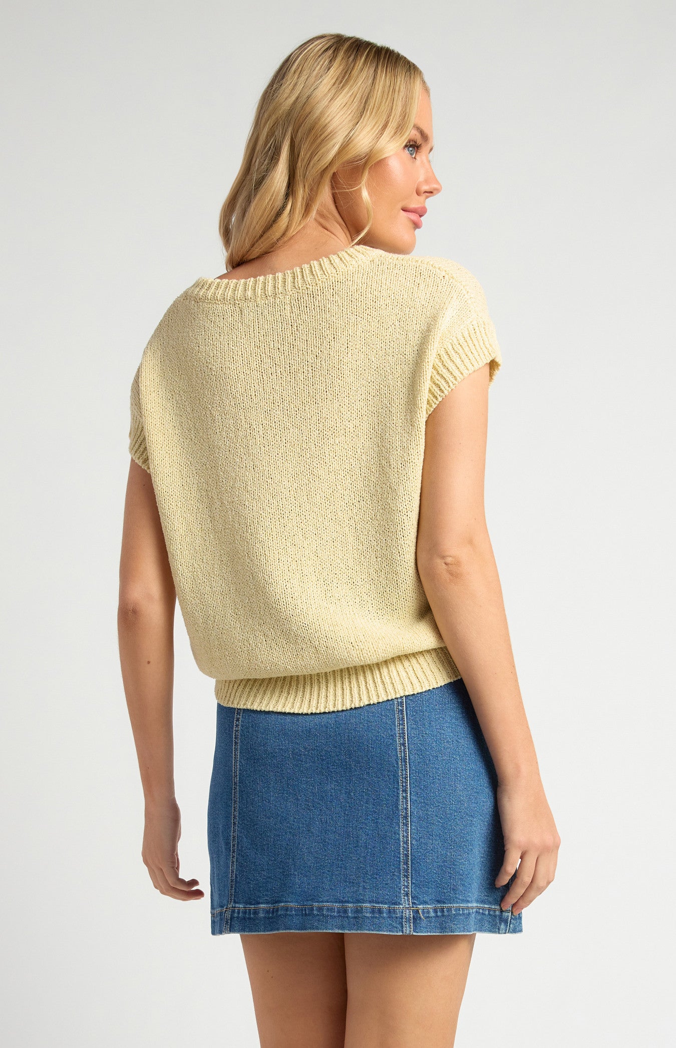 Crochet Cap Sleeves Relaxed Knit Top - Butter