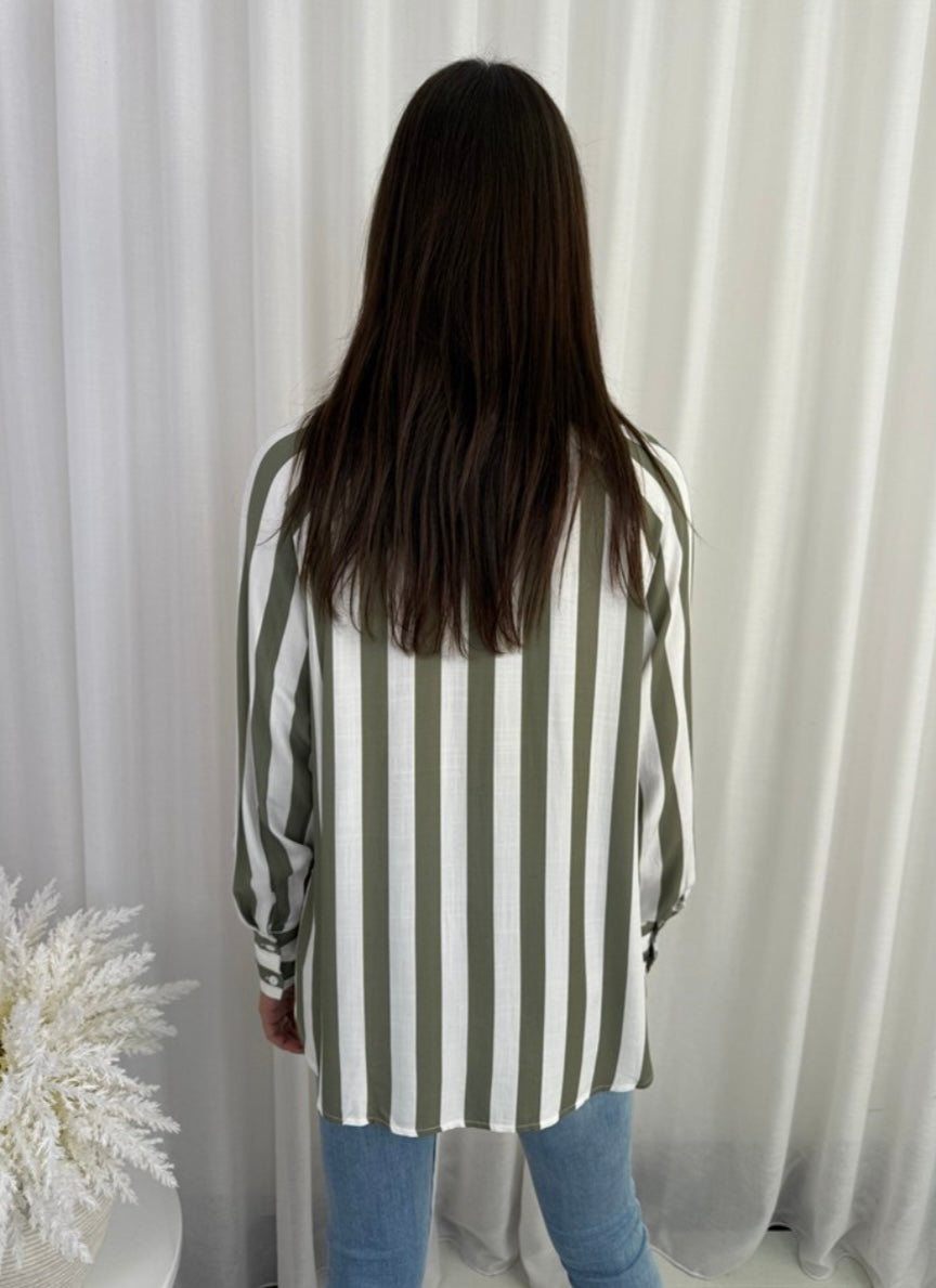 August Button Up Long Sleeve Shirt - Olive White Stripe