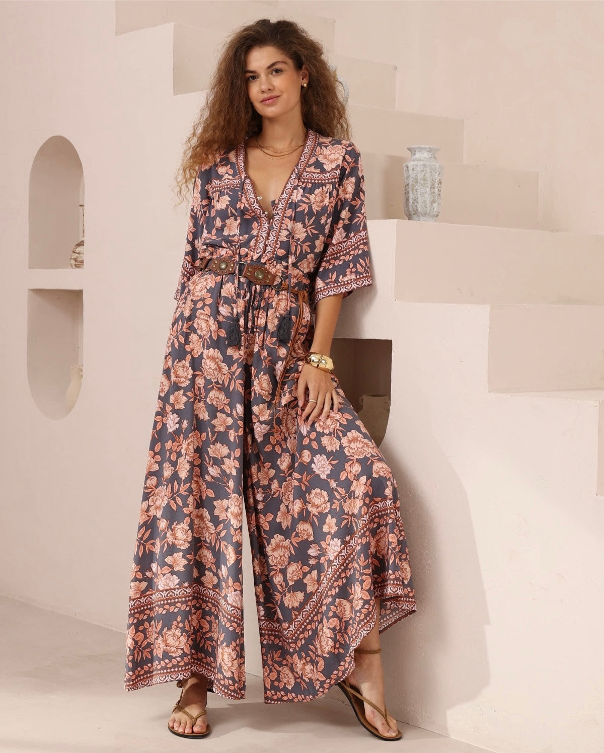 Kiara Wide Leg Pants - Pink Blue Floral