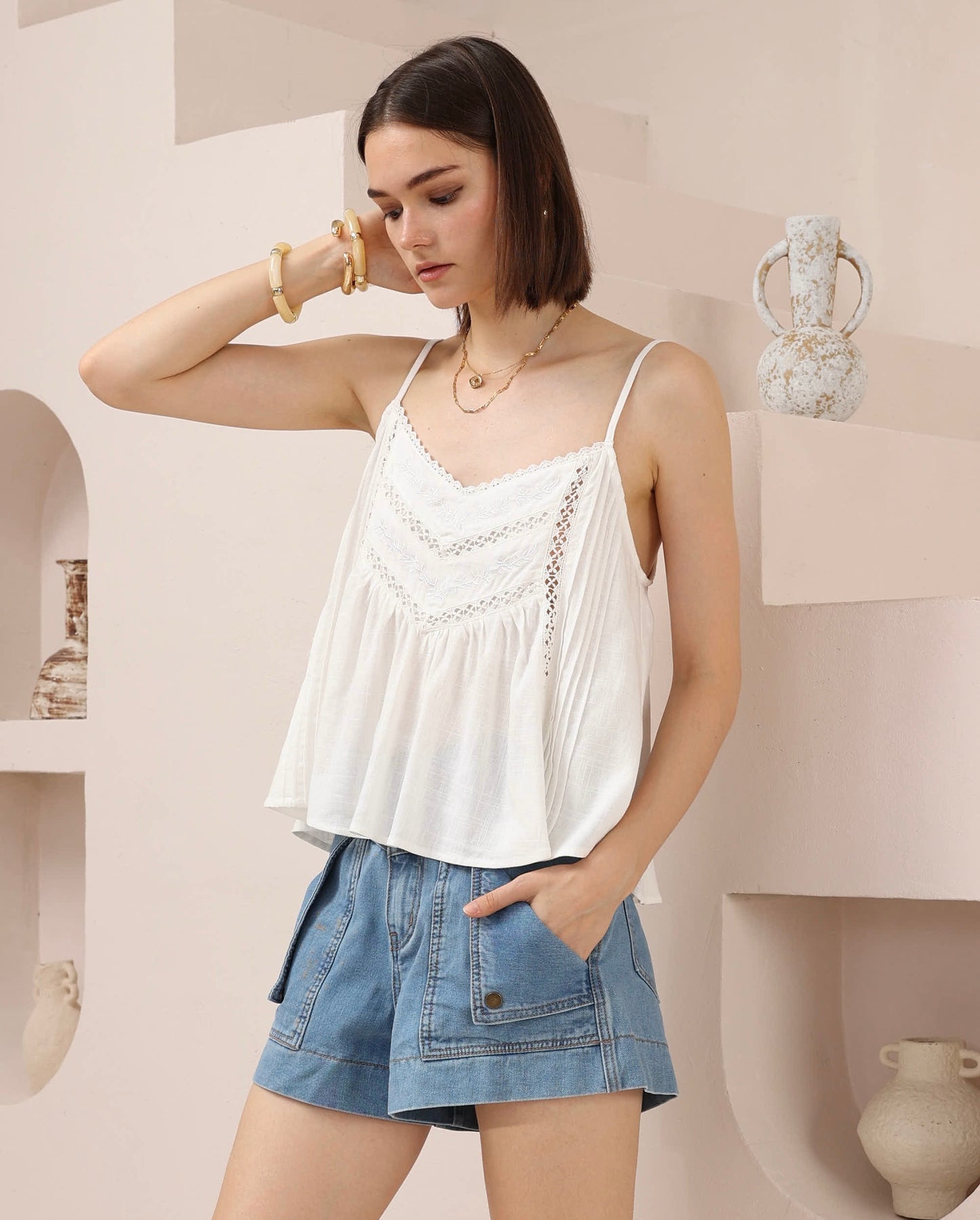 Candice Embroidered Lace Cami Top - White