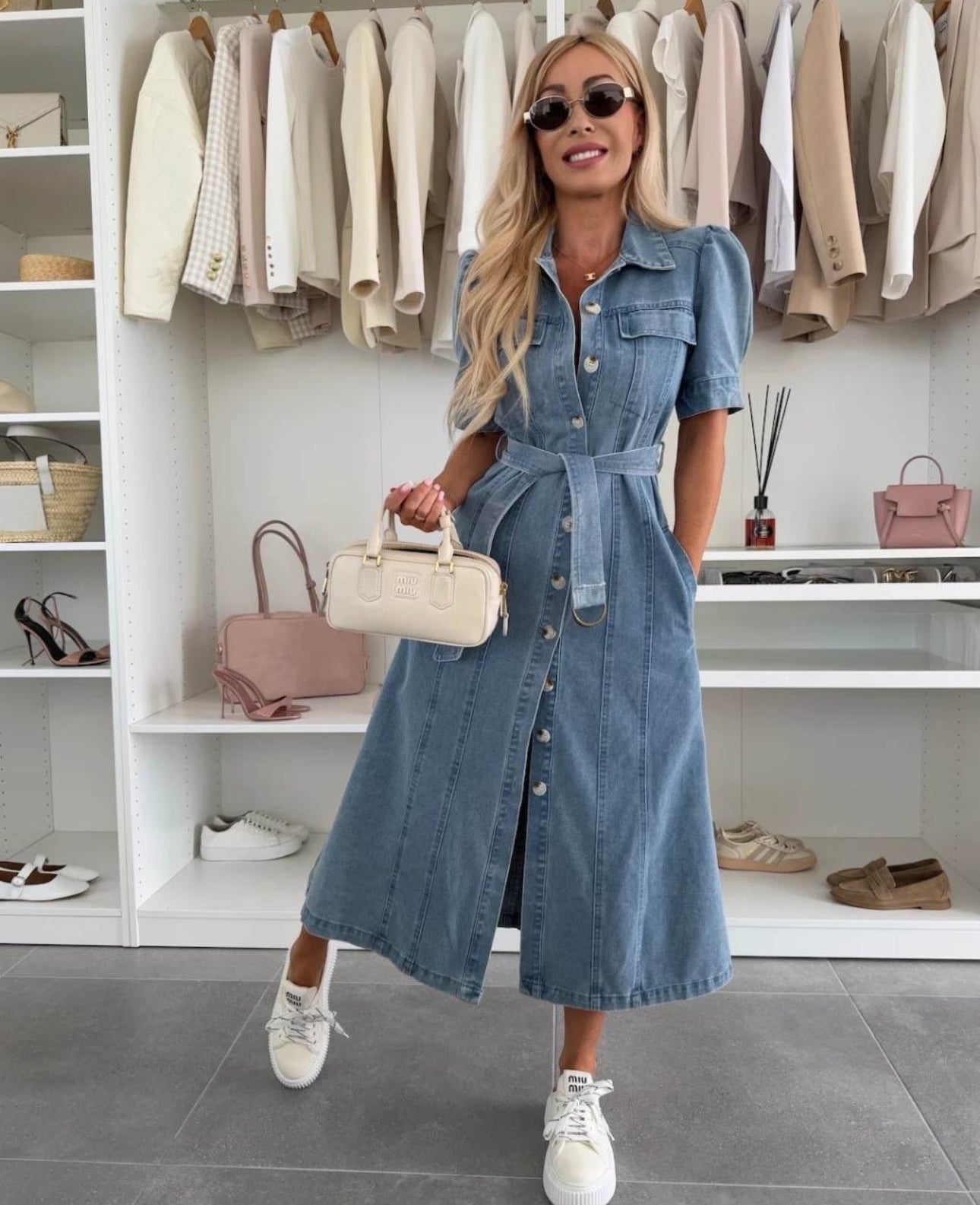 Maci Collared Button Up Midi Denim Dress - Blue