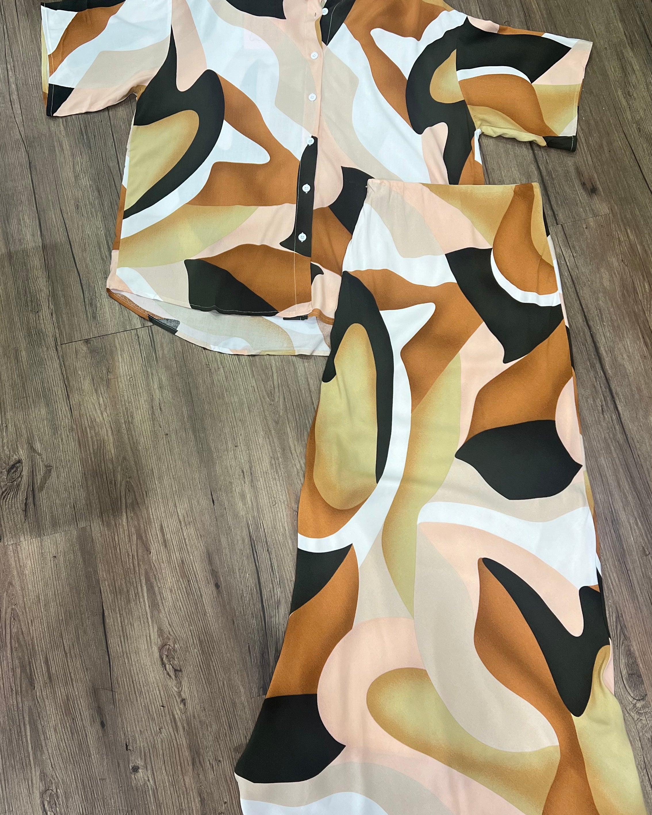 Renee By Frankie Shirt & Maxi Skirt Set - Brown Abstract