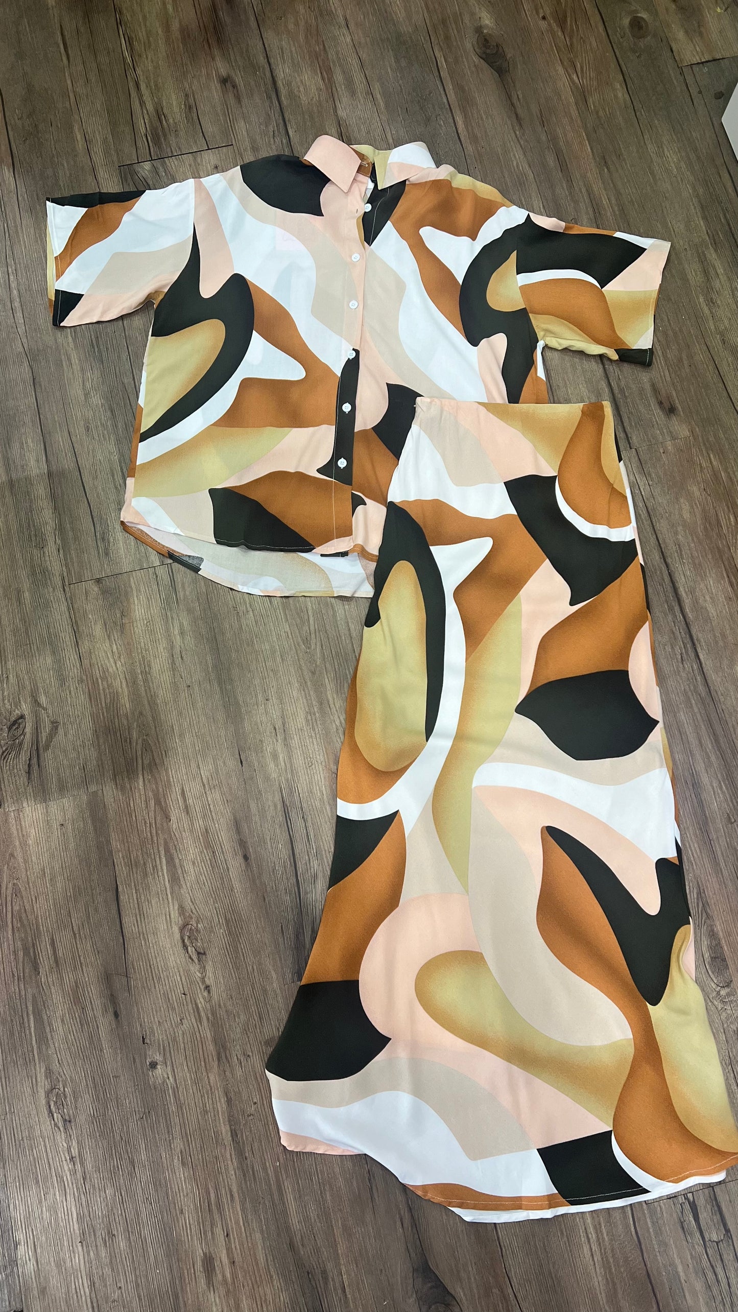 Renee By Frankie Shirt & Maxi Skirt Set - Brown Abstract