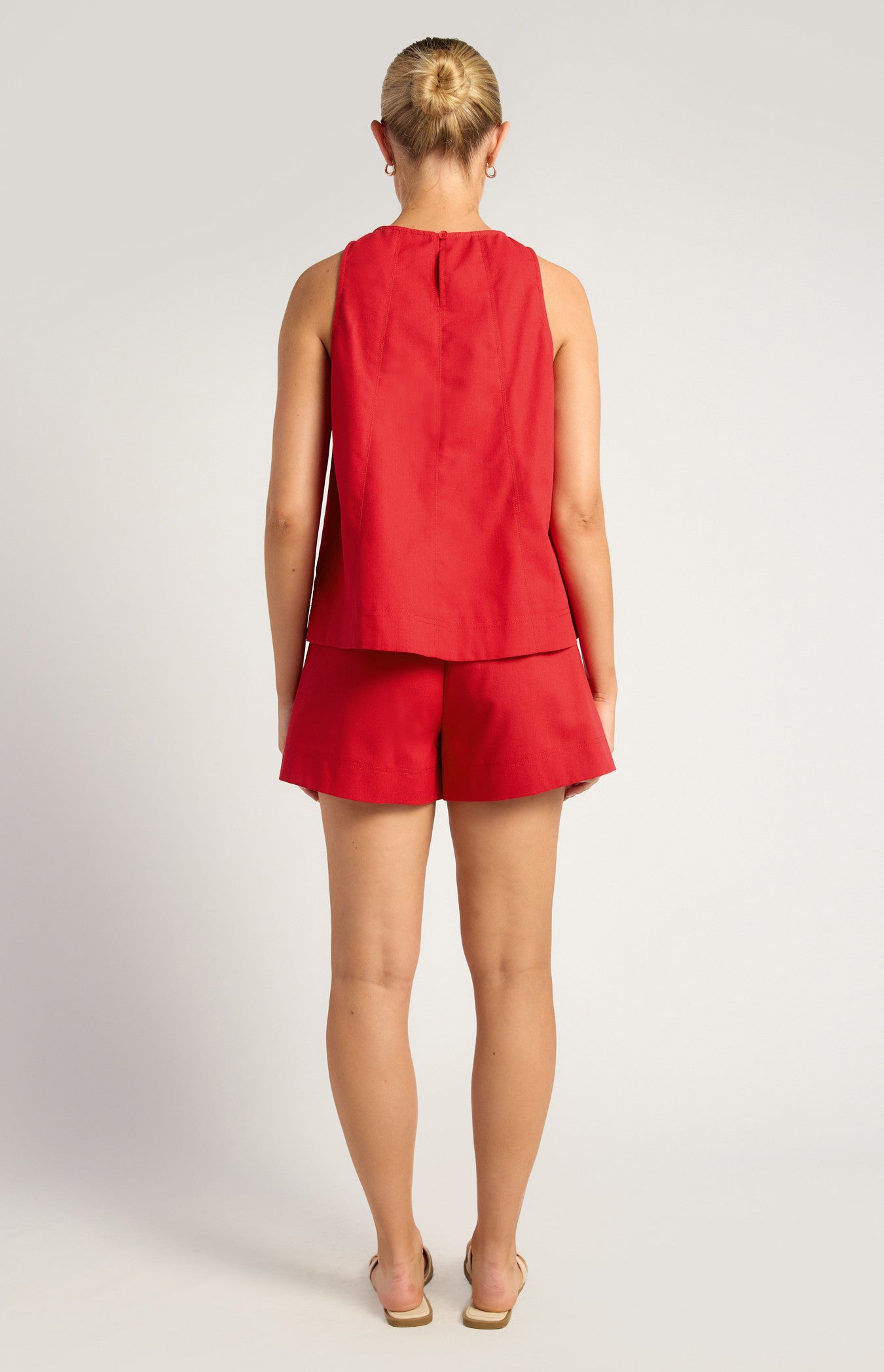 Cotton Linen Panel Stitching Detail Top And Shorts Set - Red
