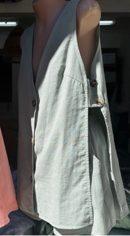 Milly Button Up Open Vest & Shorts Set - Green | By Frankie