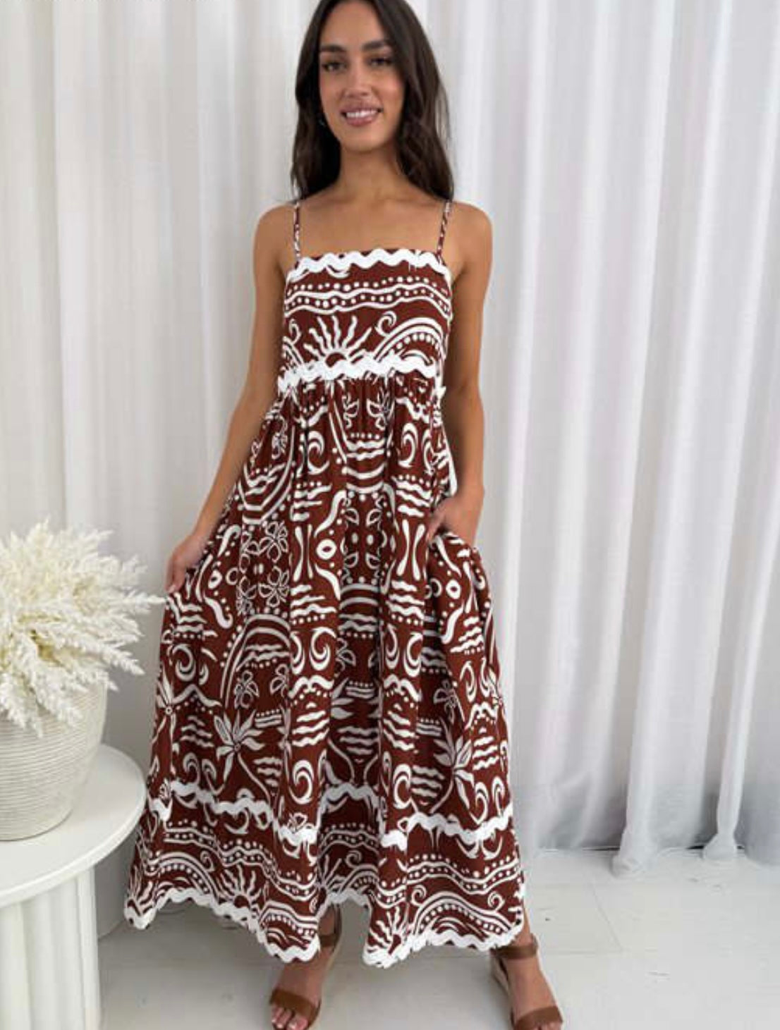 Eden Sleeveless RIC RAC Maxi Dress - Chocolate