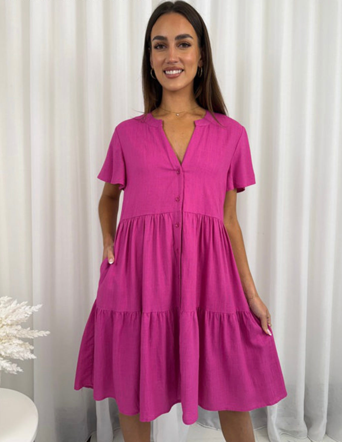 Amber Button Up Mini Linen Dress - Pink