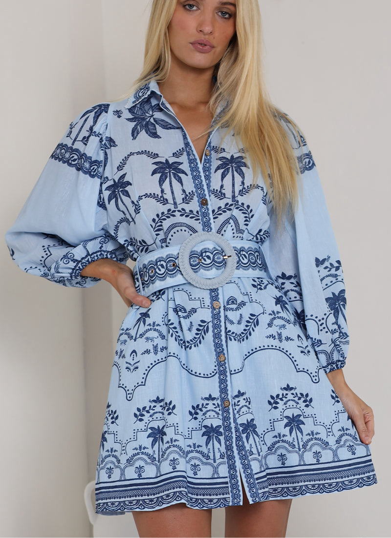 Donatella Button Up belted Mini Dress - Blue Indigo
