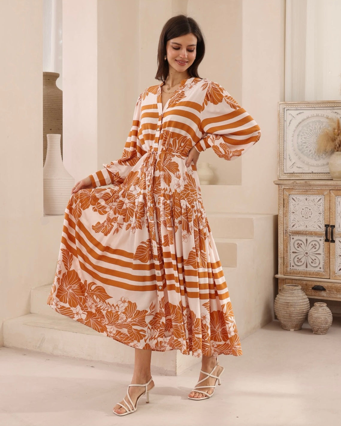 Taylor Long Sleeve Button Up Maxi Dress - Pink Brown Stripe