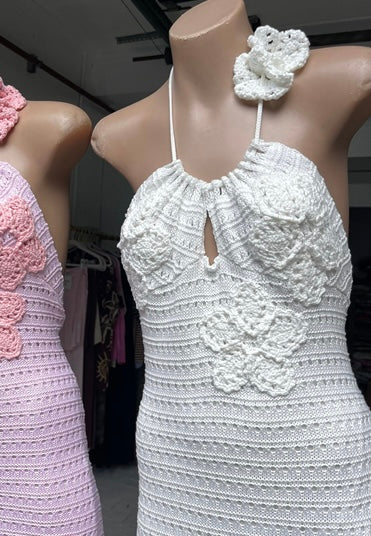 Adeline Halter Floral Crochet Knit Long Maxi Dress - White | By Frankie