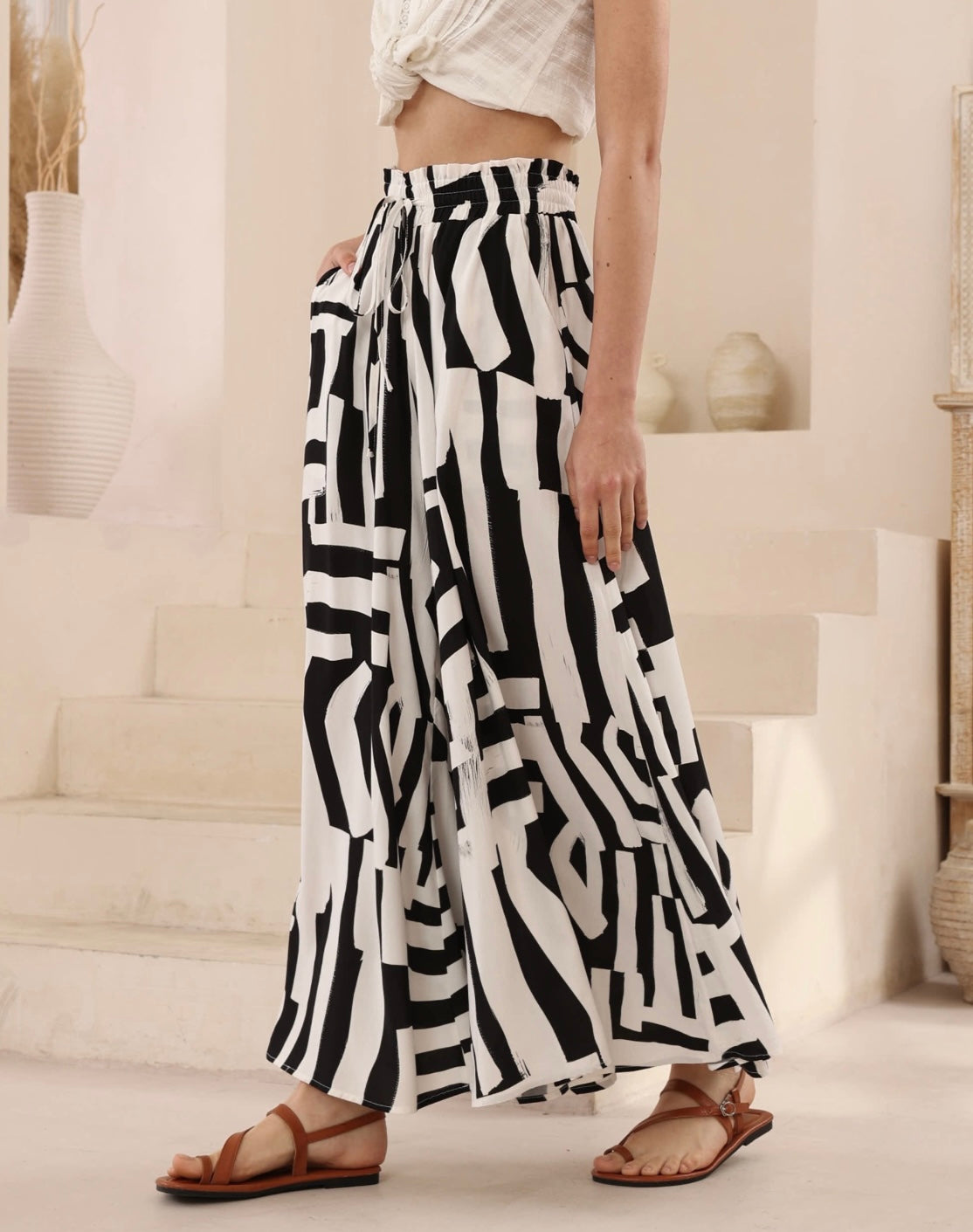 Kiara Wide Leg Pants - Black White