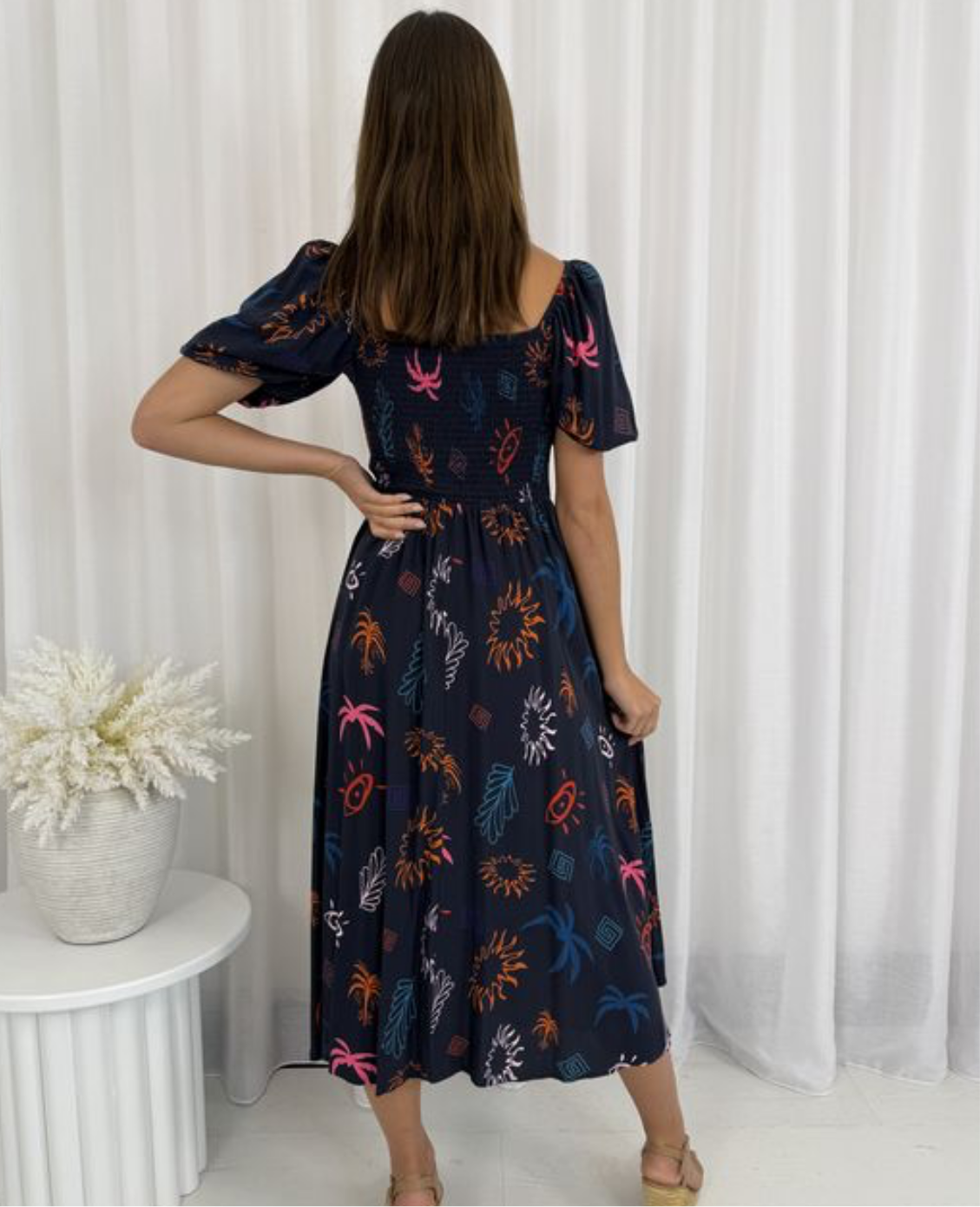 Alysia Shirred Bust Midi Dress - Black Evil Eye