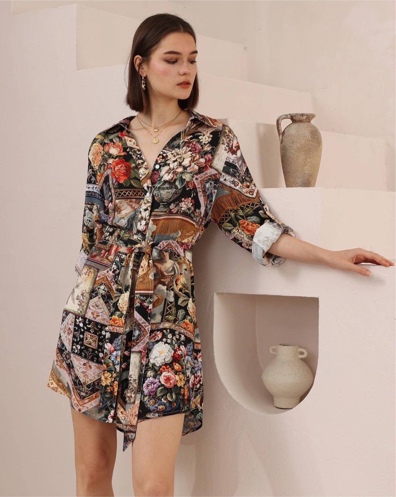 Indy Button Up Shirt Mini Dress - Vintage Angel Black
