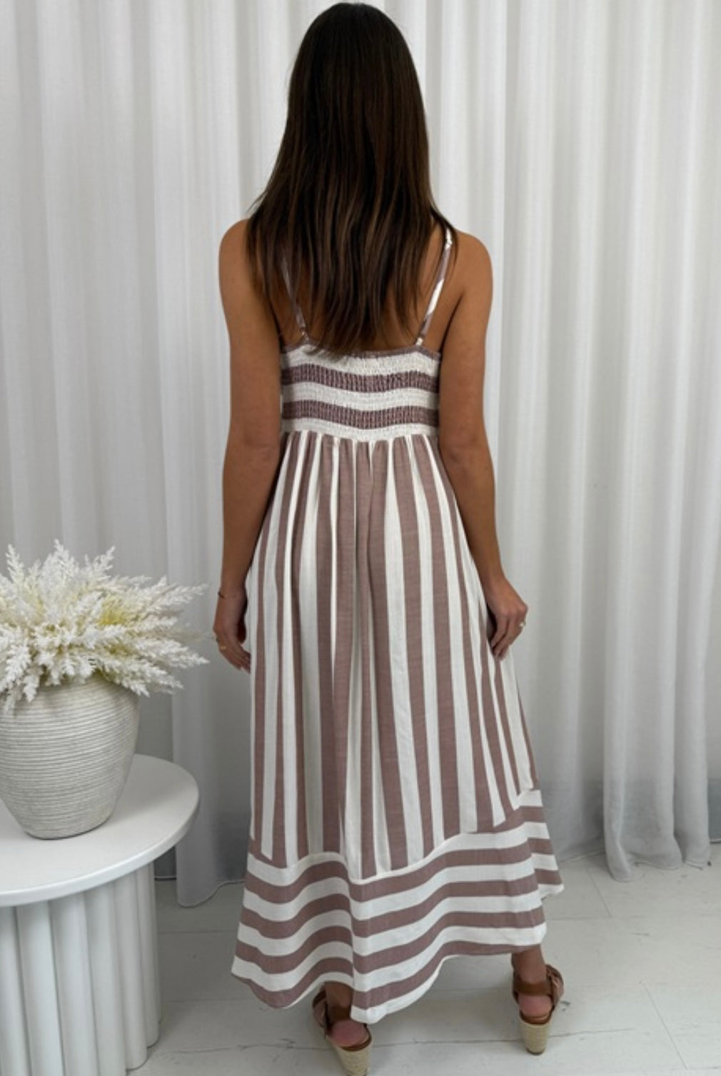 Tia Spaghetti Strap Maxi Dress - Brown Stripe