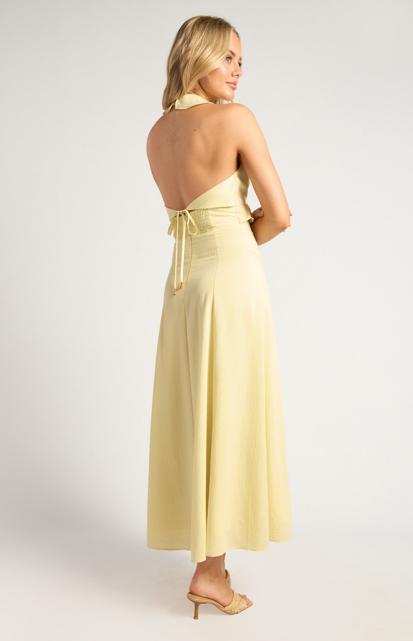 Frill Neckline Gold Toggle Tie Midi Dress - Yellow