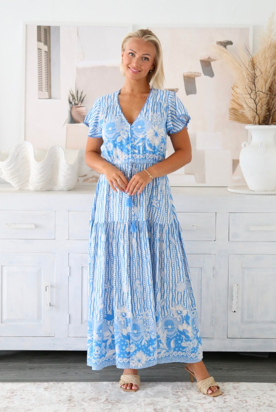 Celeste Short Sleeve Button Up Maxi Dress - Blue Sea Shell