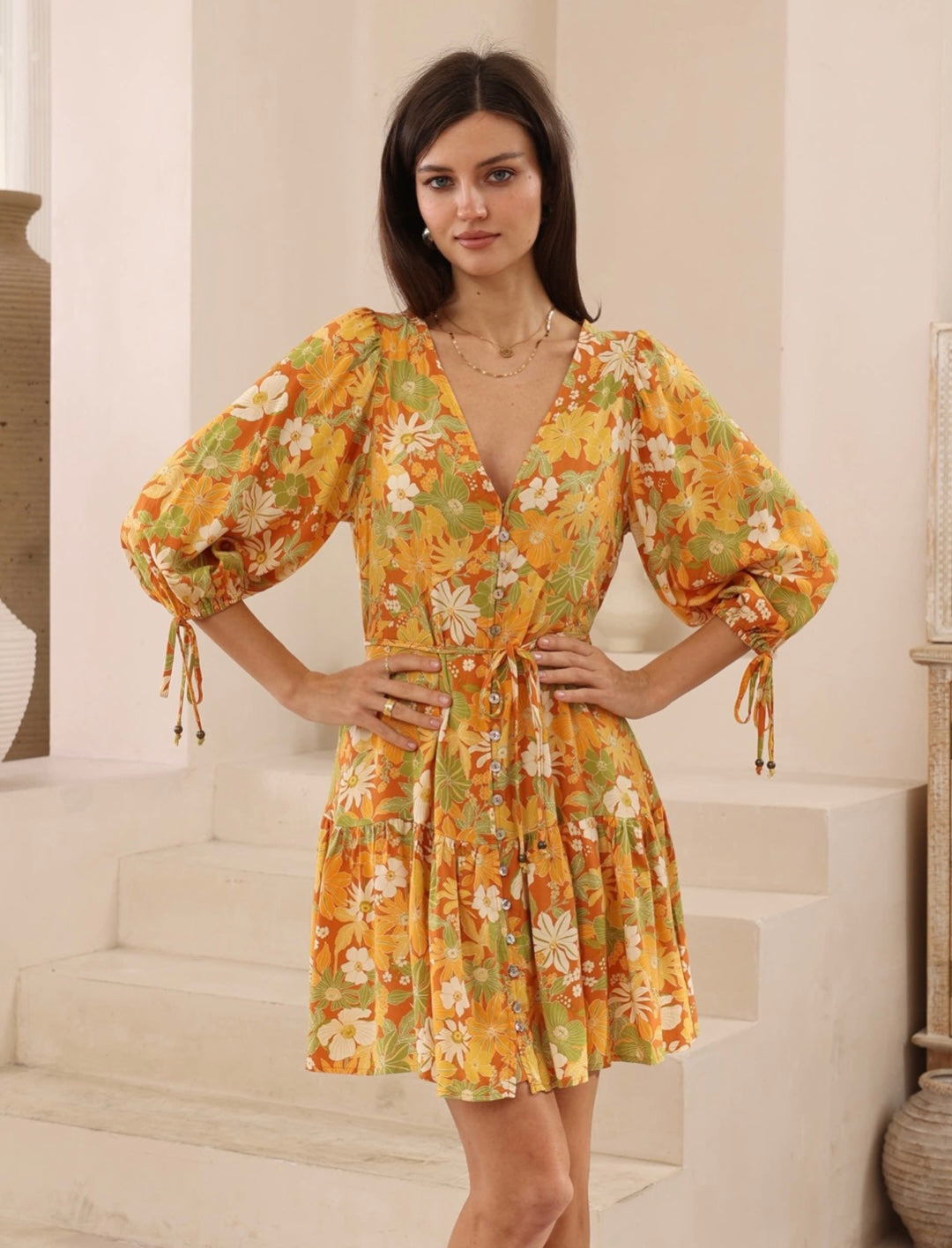Laura Button Up V-Neck Mini Dress - Orange Floral