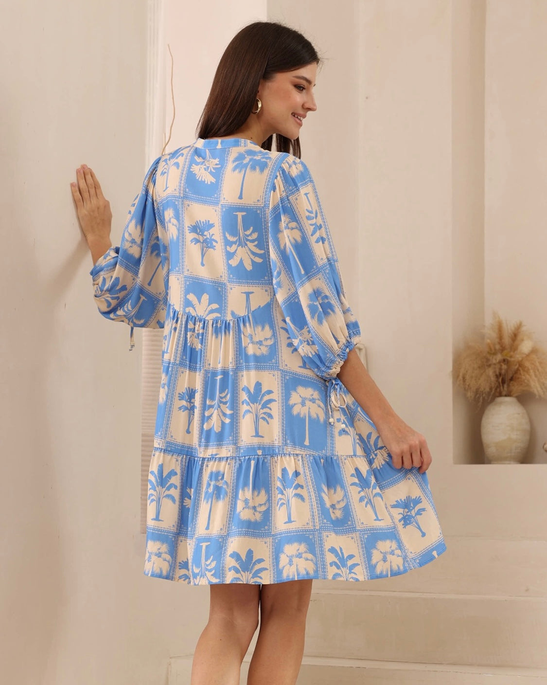 Poppy Button Up Mini Dress - Blue Palm