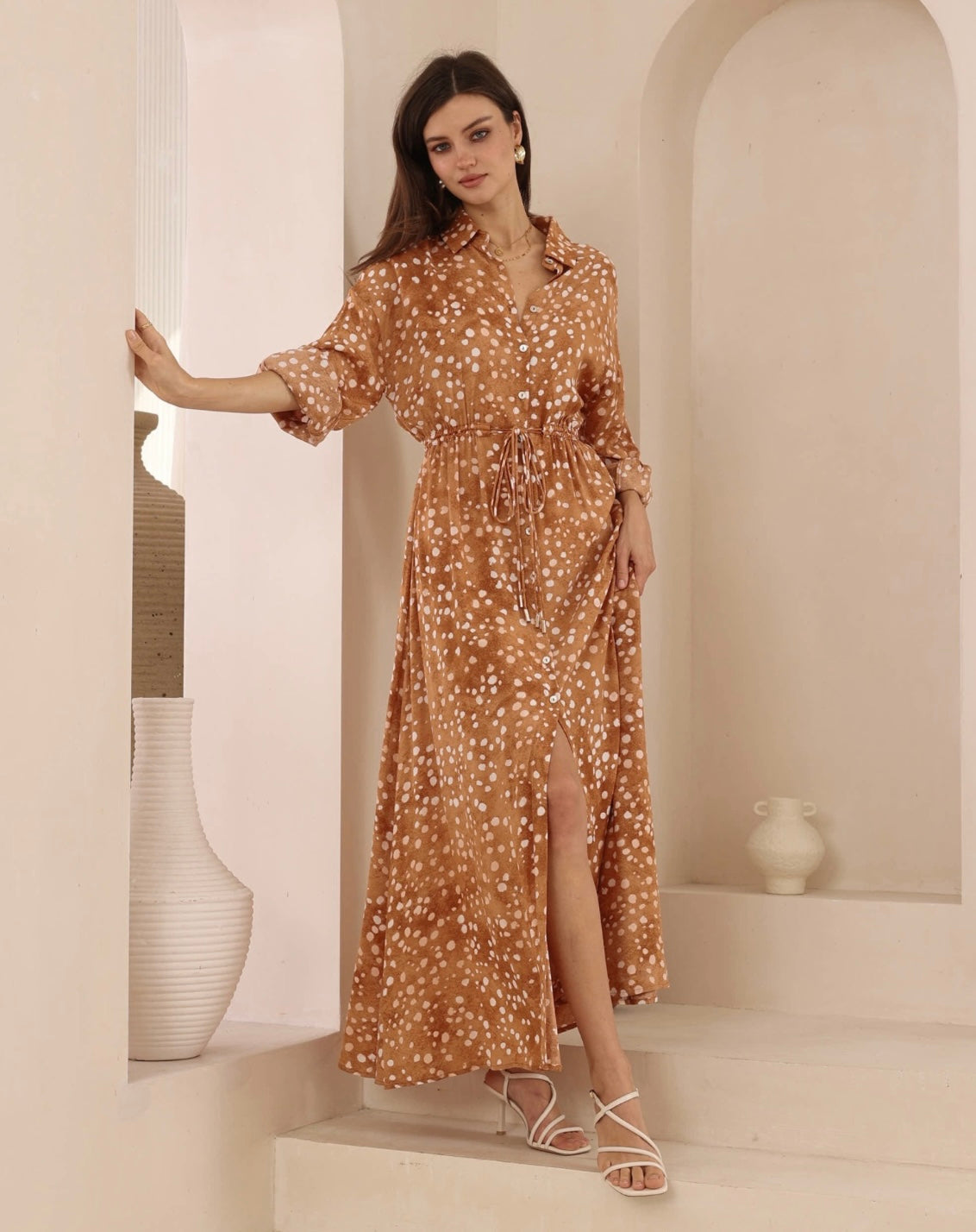 Isla Long Sleeve Button Up Maxi Dress - Brown Leopard