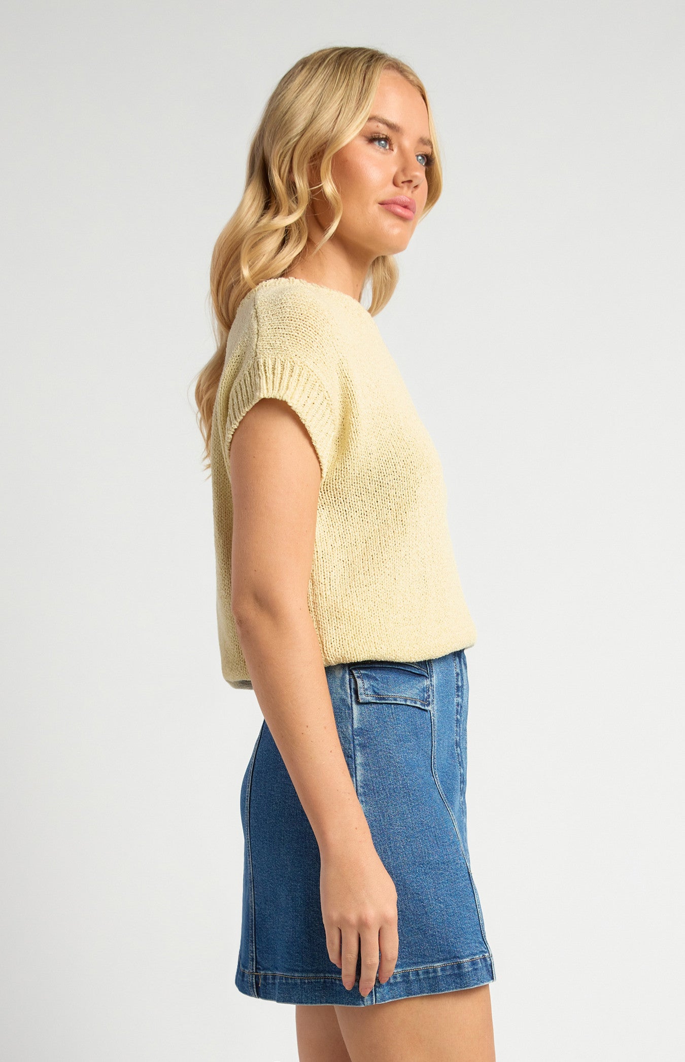 Crochet Cap Sleeves Relaxed Knit Top - Butter