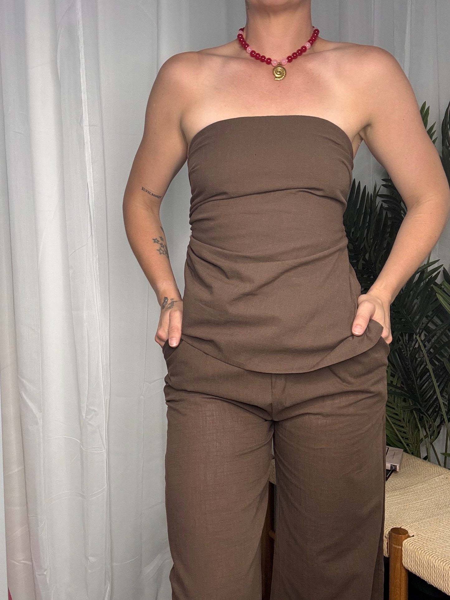 Margot Gathered Side Strapless Top & Pant Set - Brown