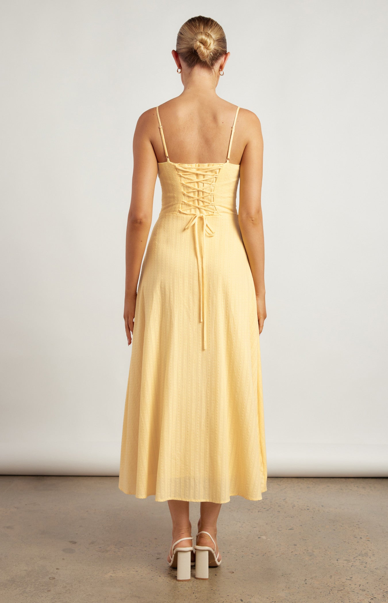 Khaya Lace Up Back Detail Embroidered Cotton Maxi Dress - Lemon